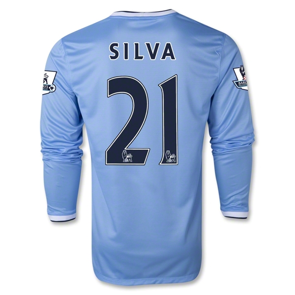 13-14 Manchester City #21 SILVA Home Long Sleeve Jersey Shirt - Click Image to Close